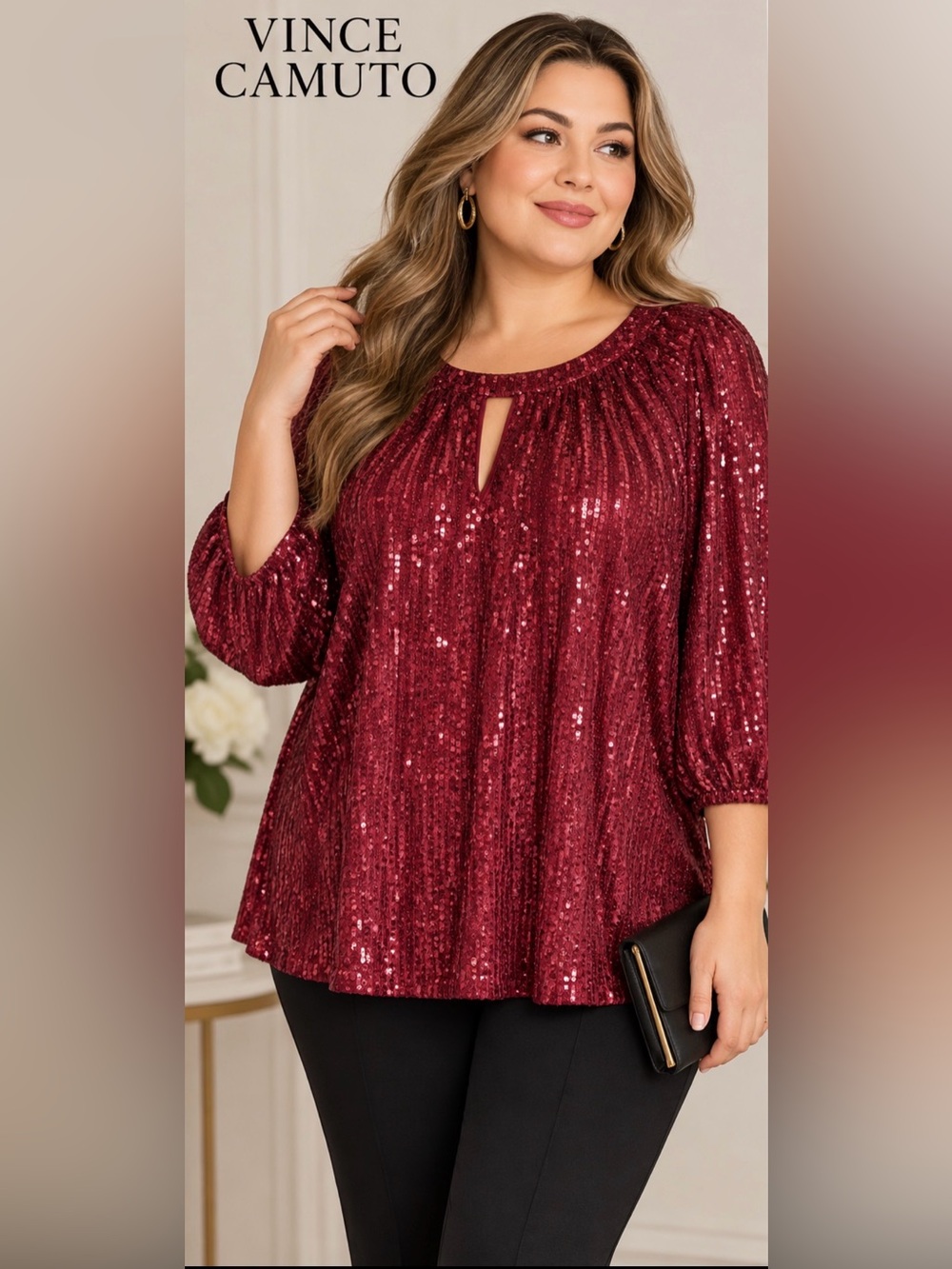 Vince Camuto 2X Burgundy Sequin Blouse NWT Plus Size Balloon Sleeve Party Top